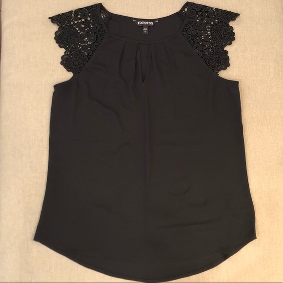 *NWOT* Express Black Top w/ Cap Lace Sleeves - Picture 1 of 7